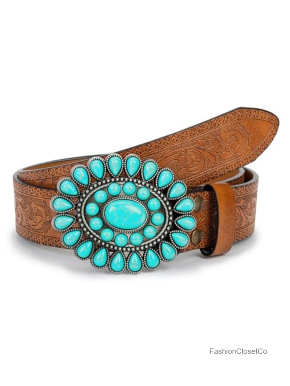 Western Cowgirl Belt Faux Leather Turquoise Buckle Wide Waist Belt